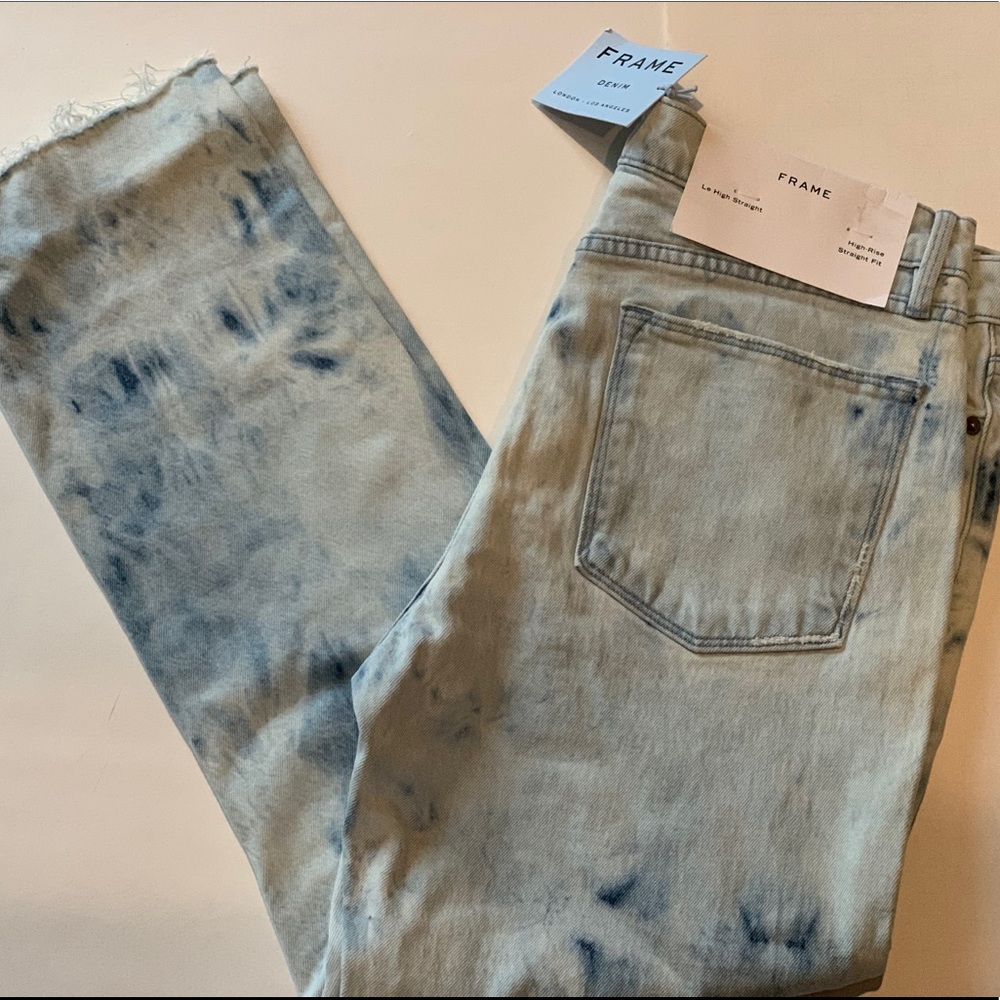 NWT Frame Le High Denim High Rise Straight Jeans Distressed Bleach Dyed